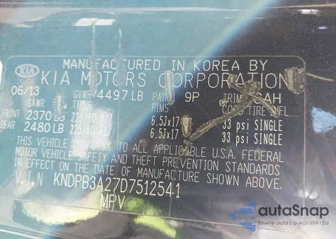 2013 Kia Sportage Lx z USA, uszkodzony, nr VIN KNDPB3A27D7512541